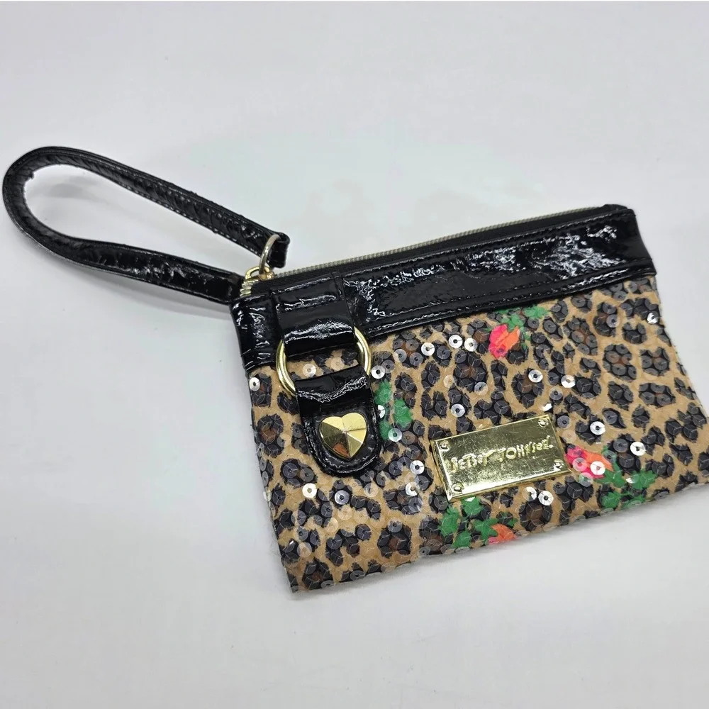 Betsey Johnson Wristlet Wallet Sequin Leopard Roses Gold Heart Bag Y2K Kitschy